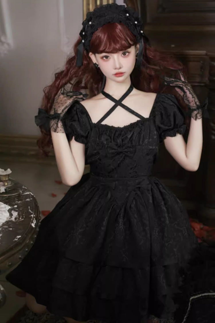 Black Thorn Rose Short Sleeves Multi-layer Ruffle Bowknot Gothic Princess Lolita Dress