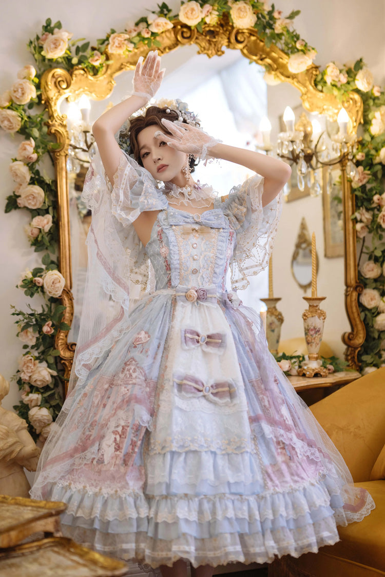 Blue [Moonlight Melody] Off Shoulder Sleeveless Multi-Layered Hanayome Open-Front Bow Lace Sweet Gorgeous Lolita Jsk Dress Set