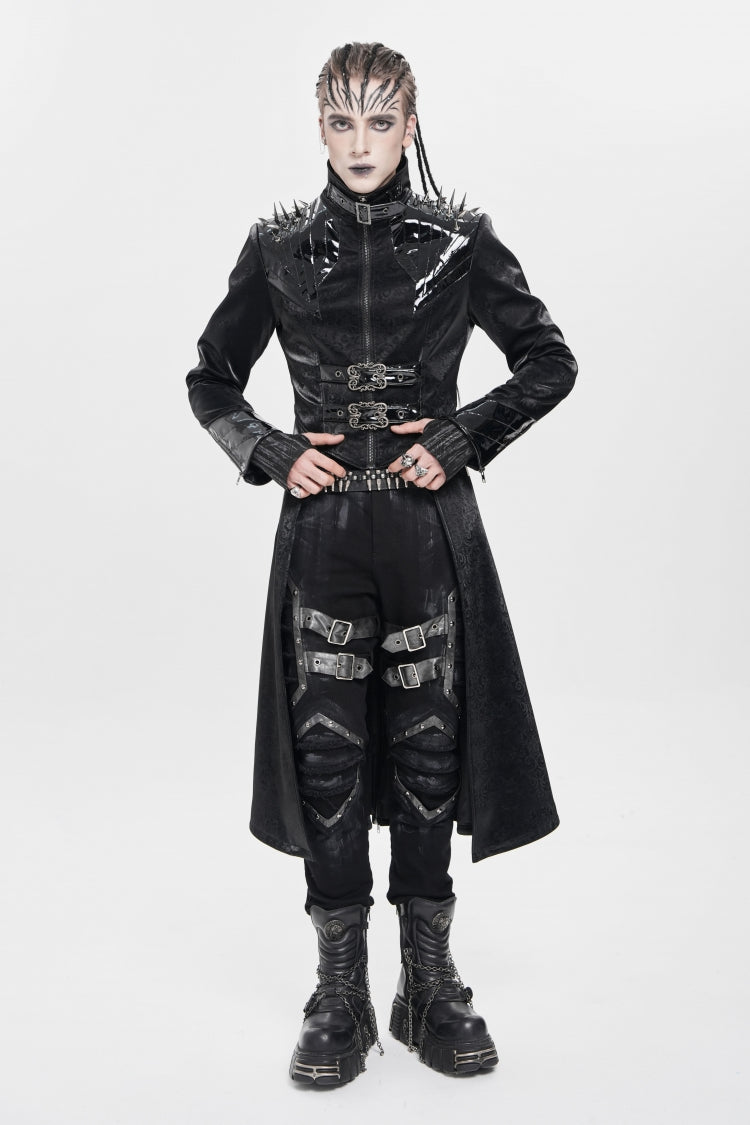 Black Stand Collar Floral Print Rivet Buckle Zipper Straps Men's Punk Coat