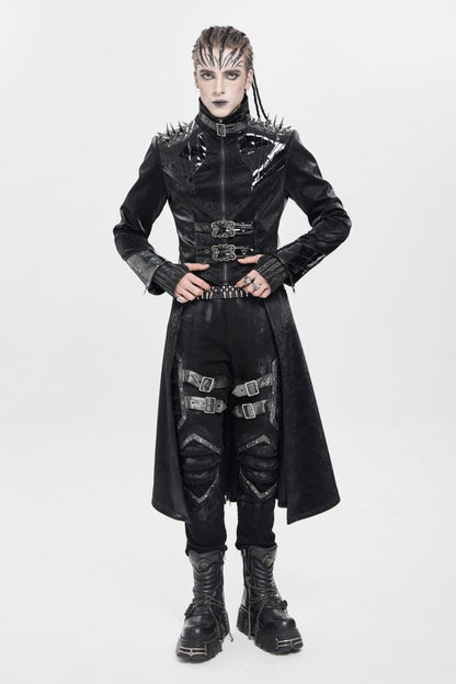 Black Stand Collar Floral Print Rivet Buckle Zipper Straps Men's Punk Coat