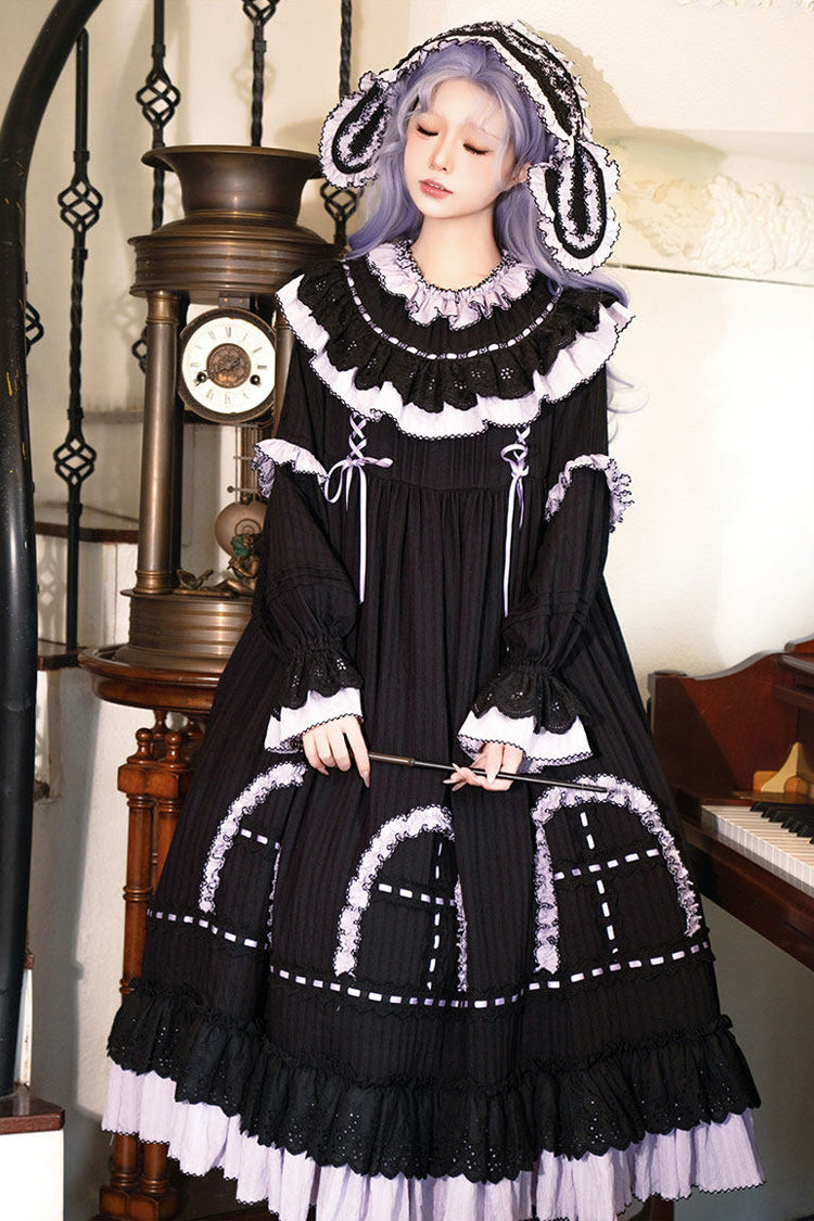 Black [Twin Lilian] Round Collar Long Sleeves Double-Layered Ruffled Bow Lace-Up Gothic Lolita Dress