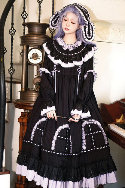Black [Twin Lilian] Round Collar Long Sleeves Double-Layered Ruffled Bow Lace-Up Gothic Lolita Dress