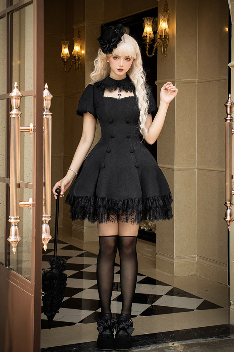 Black [Midnight Whisper] Double-breasted Short Sleeves Hollow Gothic Lolita Dress