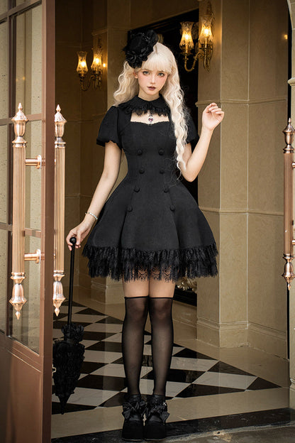 Black [Midnight Whisper] Double-breasted Short Sleeves Hollow Gothic Lolita Dress