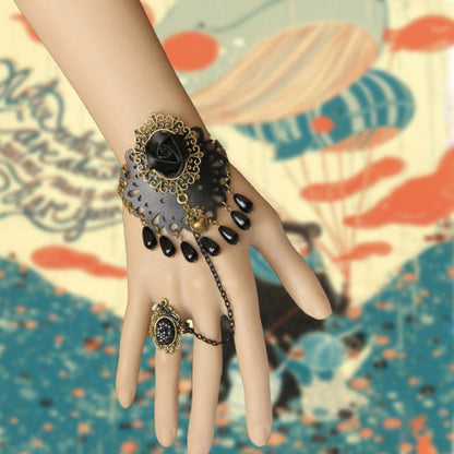 Black Retro Fashion Flower Pearl Female Band Gothic Lolita Ring Bracelet