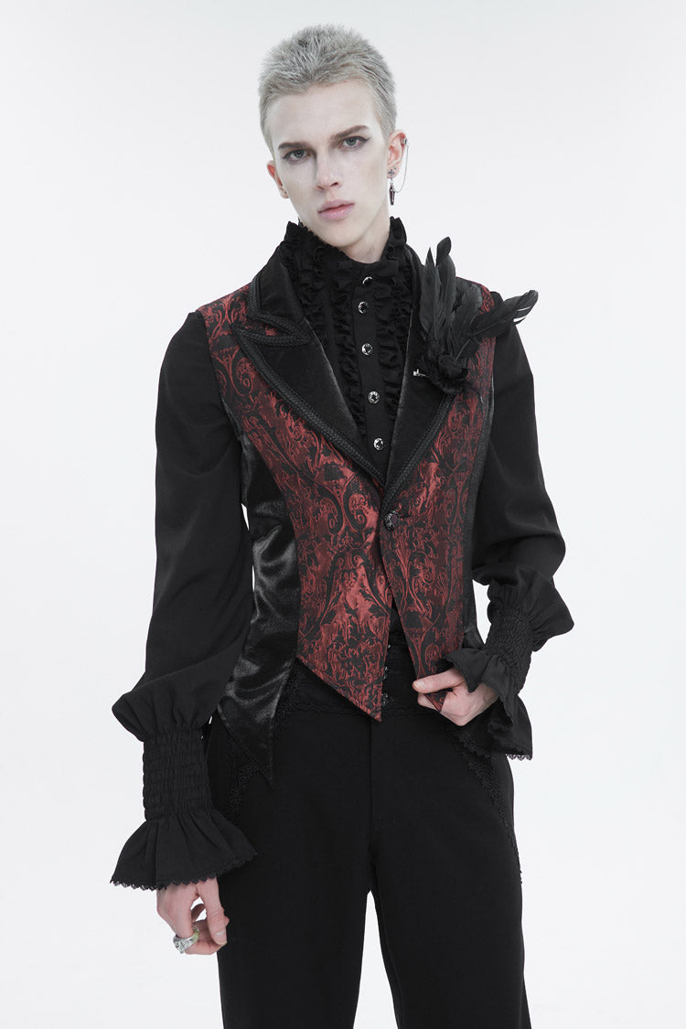 Black/Red Vintage Dark Pattern Men's Gothic Vest With Brooch