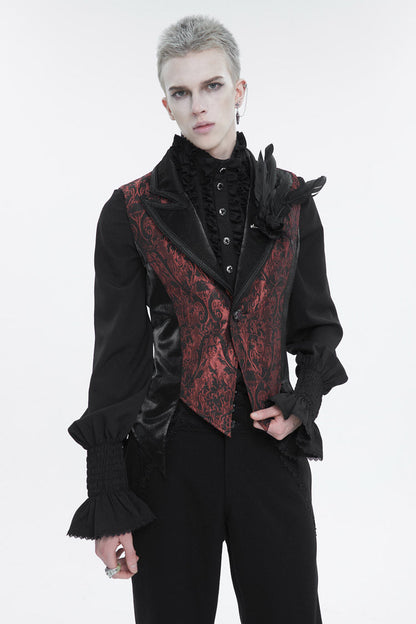 Black/Red Vintage Dark Pattern Men's Gothic Vest With Brooch