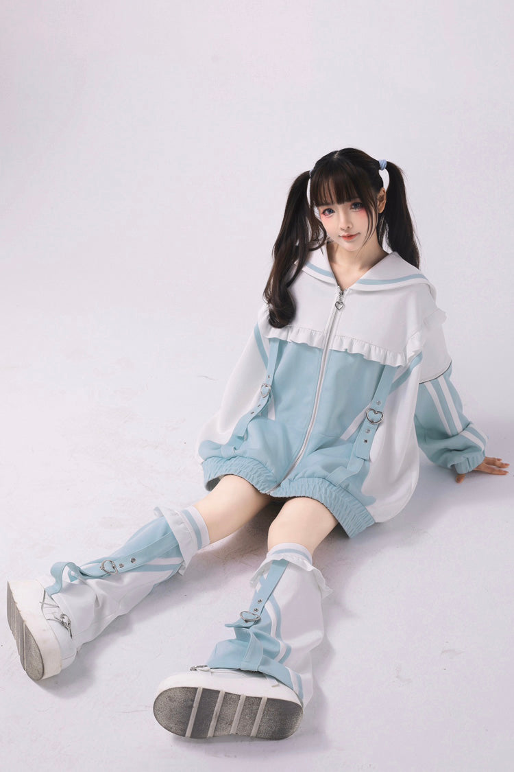 Jirai Kei Long Sleeves Ruffle Color Matching Zipper Coat 3 Colors