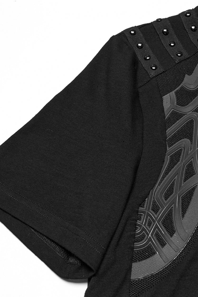 Black Round Collar Short Sleeves Studded Buckle Strap Men's Punk T-Shirt