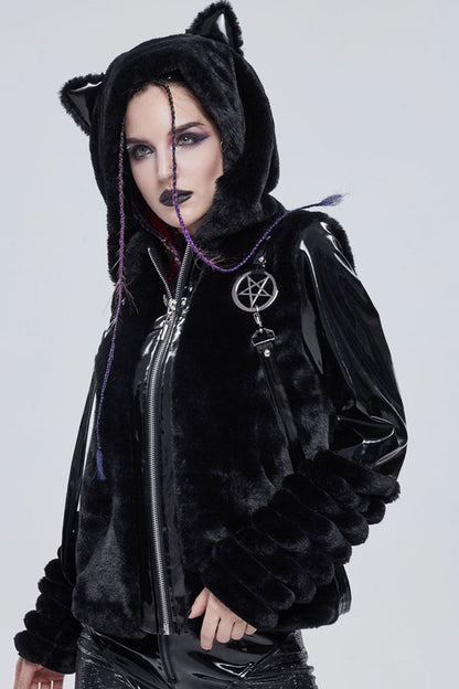 Black Punk Cuff Pleated Design Metal Five-Pointed Star Shape Belt Decoration Cat Ear Women's Coat