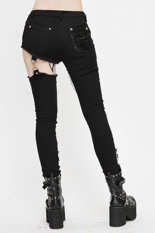 Black Punk Asymmetrical Spliced Broken Hole With Chains Womens Pants