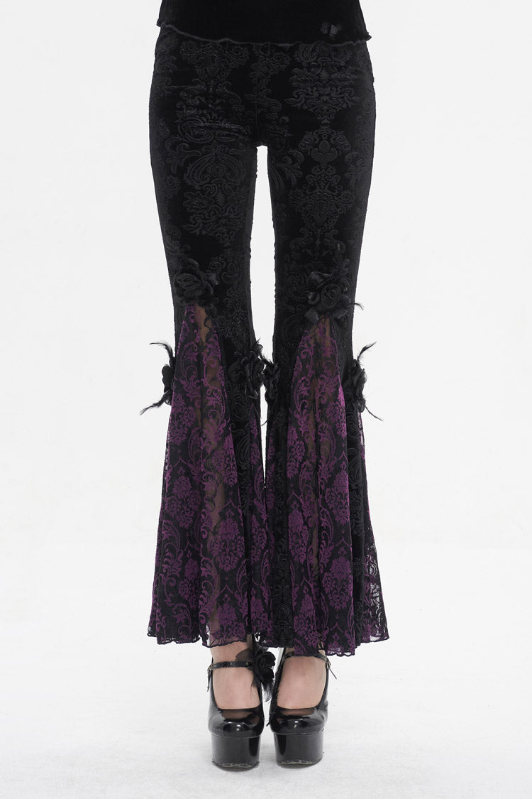 Black/Purple Printed Lace Embroidered Women's Gothic Flared Pants