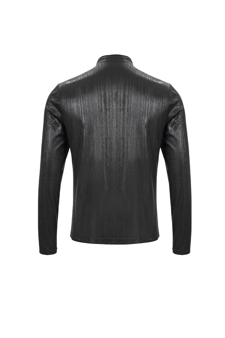 Black Zipper Neckline Long Sleeves Slim Mens Steampunk Top