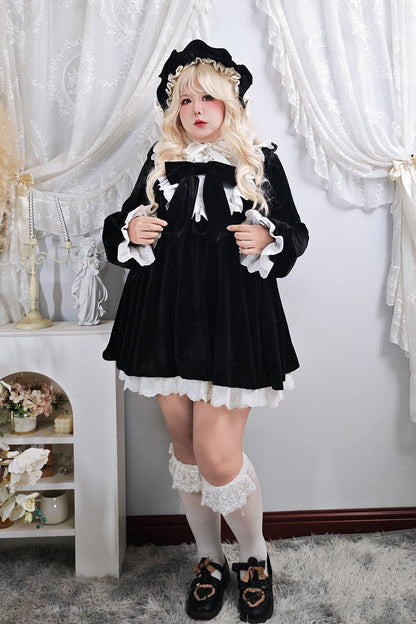 Black [Antique Velvet Doll] Stand Collar Long Sleeves Ruffled Bow Gothic Plus Size Lolita Dress