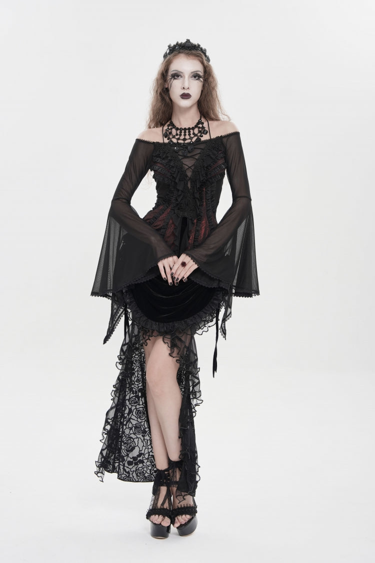 Black/Red Off Shoulder Long Trumpet Sleeves Ruffled Embroidered Lace-Up Women's Gothic Blouse