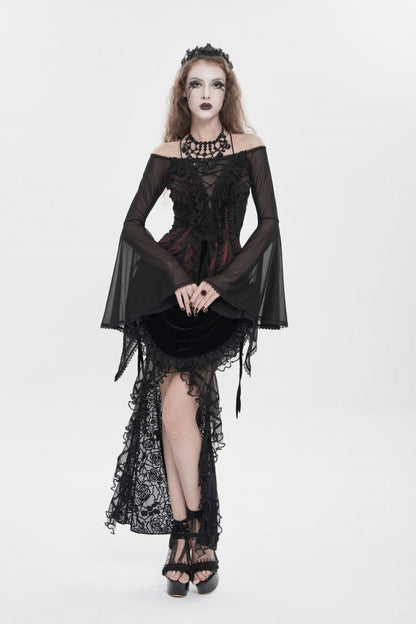 Black/Red Off Shoulder Long Trumpet Sleeves Ruffled Embroidered Lace-Up Women's Gothic Blouse