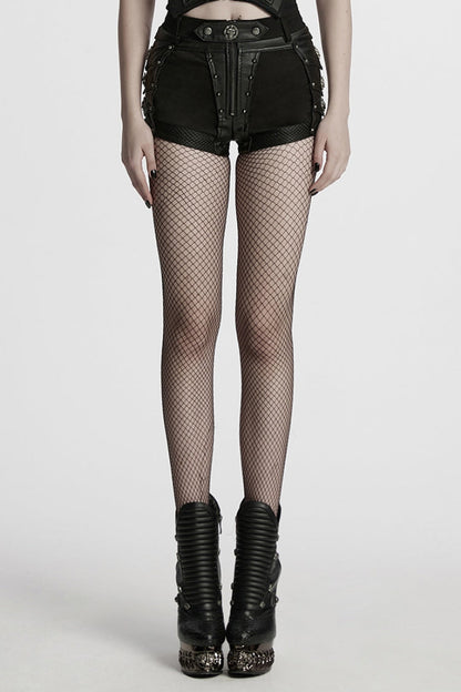 Black Stitching Faux Leather Mesh Studded Women's Punk Shorts