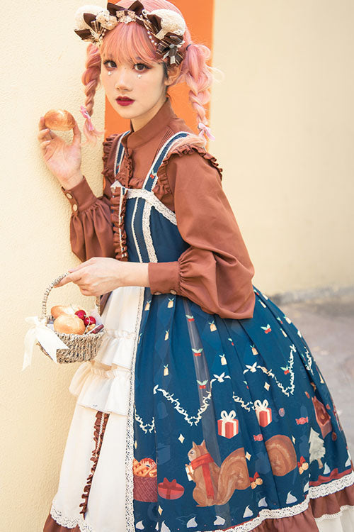 Blue/Brown Christmas Bread Squirrel Gift Print Cardigan Bowknot Multi-Layer Ruffled Sweet Lolita JSK Dress