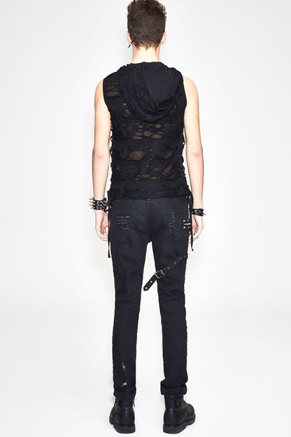 Black Sleeveless Ripped Side Ribbons Lace-Up Hooded Men's Punk T-Shirt