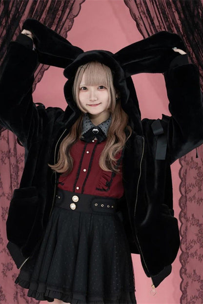 Black Rabbit Ears Long Sleeves Bowknot Lace-Up Hooded Jirai Kei Coat