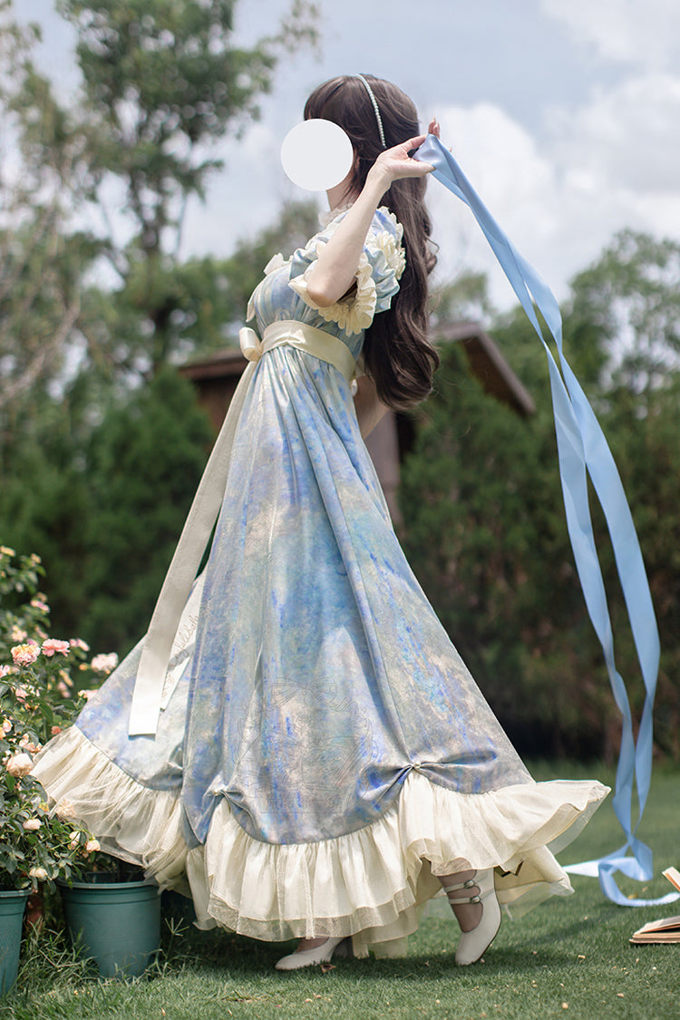 Blue [Oil Painting Sun and Moon Poem] Short Sleeves Print Ruffle Bowknot Sweet Princess Lolita Dress