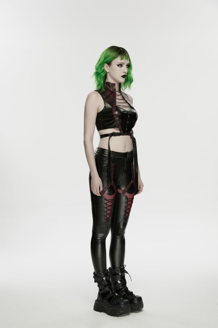 Black/Red Cut-Out Spliced Eyelet Mesh Women's Punk Leggings