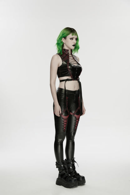 Black/Red Cut-Out Spliced Eyelet Mesh Women's Punk Leggings