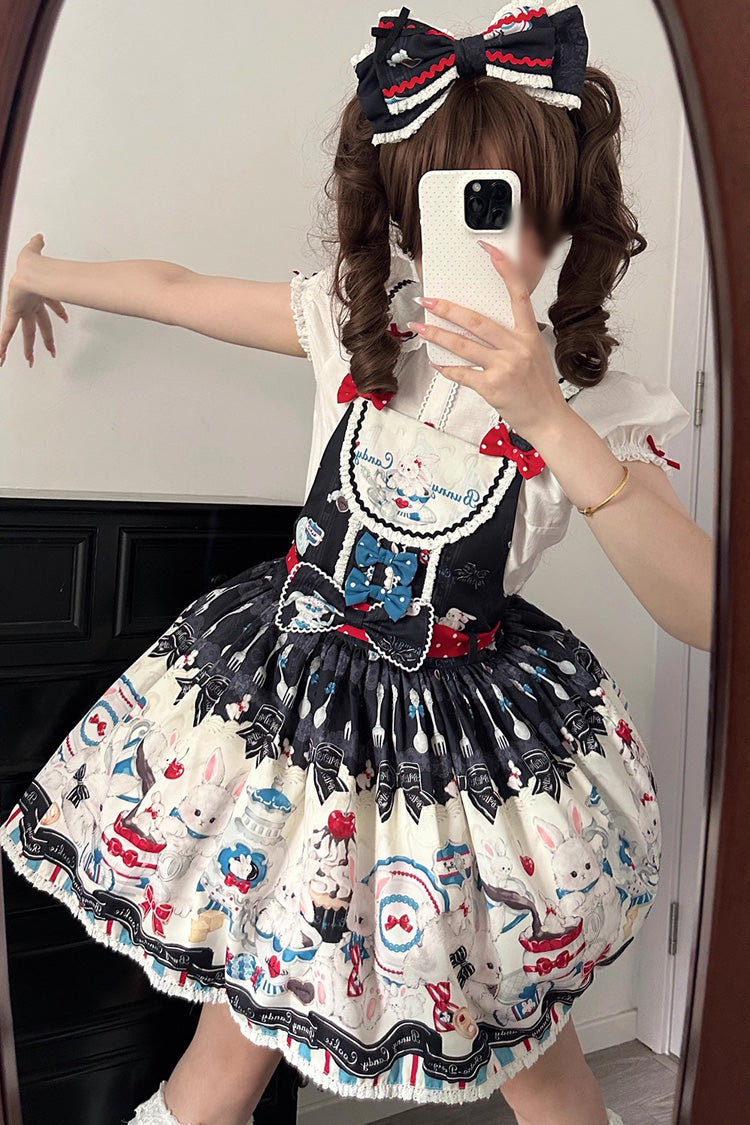 Black [Mystery Rabbit Tea Party] Sleeveless Print Bowknot Lace Sweet Lolita Strap Dress