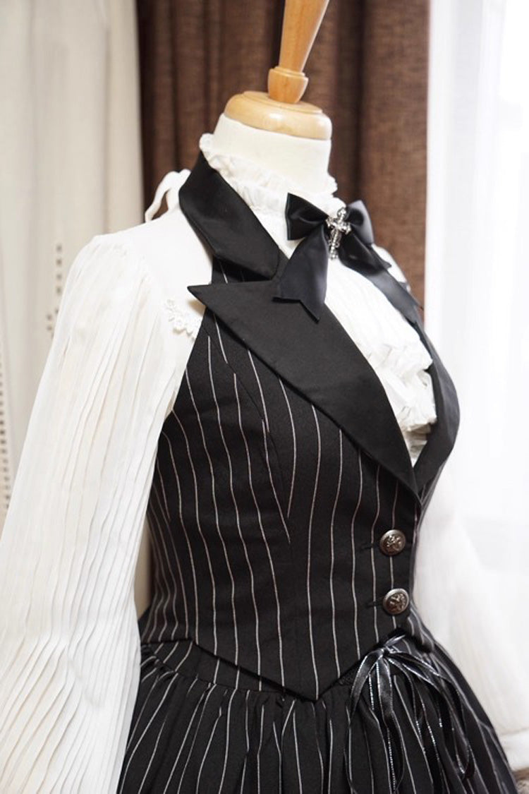 Black V Collar Stripe Print Classic College Style Elegant Lolita Vest