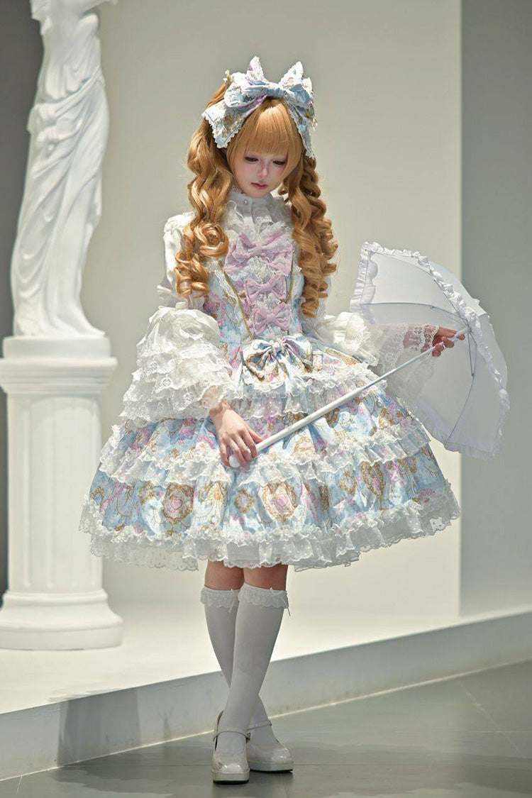 Blue [Candelabrum Elegy] Sleeveless Triple-Layered Flower Wall Printed Ruffled Bow Lace Sweet Lolita Jsk Dress