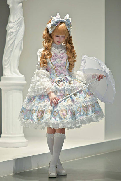 Blue [Candelabrum Elegy] Sleeveless Triple-Layered Flower Wall Printed Ruffled Bow Lace Sweet Lolita Jsk Dress