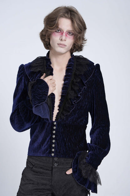 Blue V Collar Long Sleeves Ruffle Stitching Lace Men's Gothic Blouse