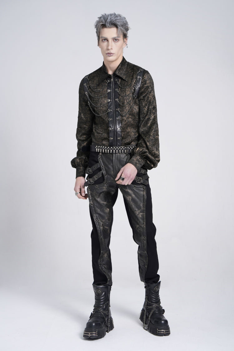 Black/Grey Faux Leather Stitching Buckle Men's Punk Pants