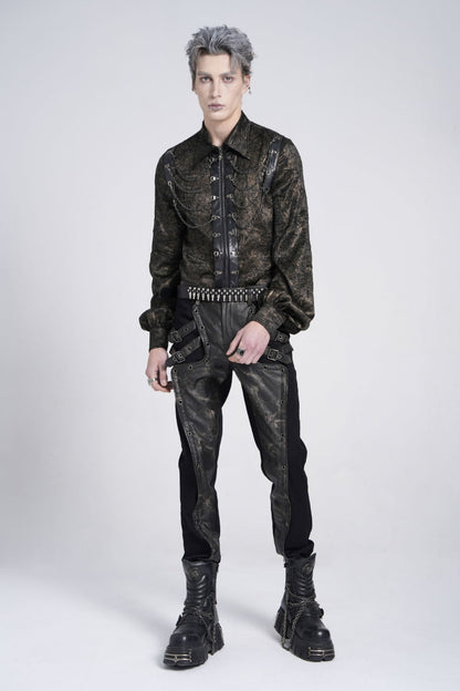 Black/Grey Faux Leather Stitching Buckle Men's Punk Pants