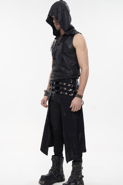 Black Punk Patent Leather Paneled Belt Irregular Print Metal Men's Skirt