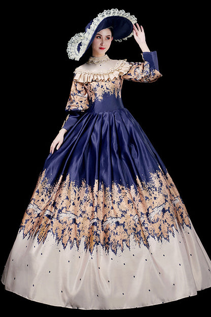 Blue Court Style High Waisted Half Sleeves Victorian Lolita Prom Dress