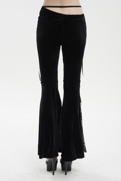 Black Velvet-Paneled Mesh Side-Adjustable Asymmetrical Women's Gothic Leggings