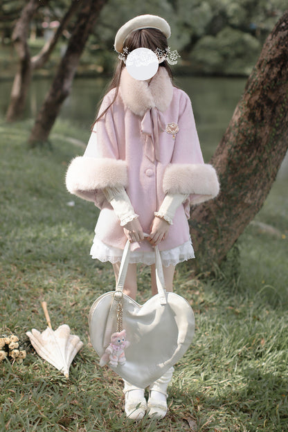 Pink Long Sleeves Lace Sweet Japanese Lolita Fluffy Cloak Coat