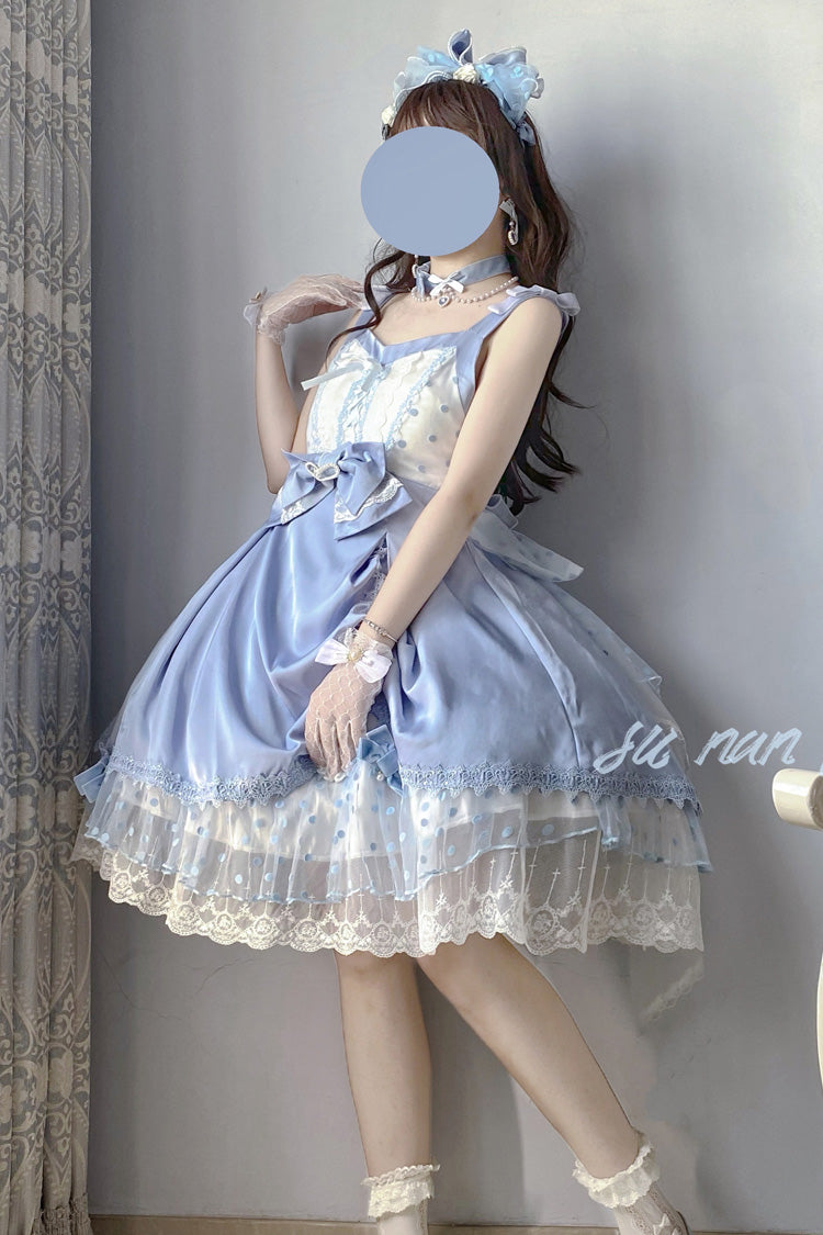 Blue [Polka Waltz] Sleeveless Print Bowknot Stitching Lace Sweet Lolita Jsk Dress