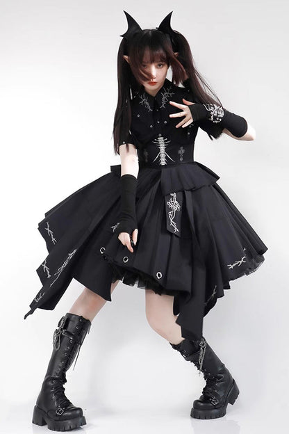 Black Travelling Thorns Short Sleeves Print Gothic Elegant Lolita Dress