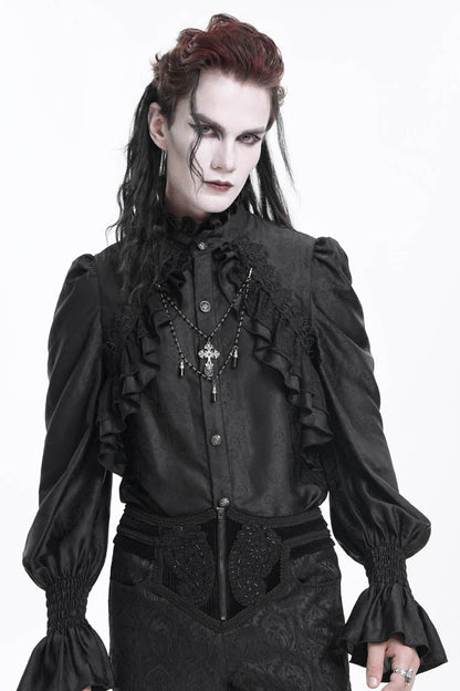 Black Stand Collar Long Sleeves Ruffle Lace Cross Men's Gothic Blouse