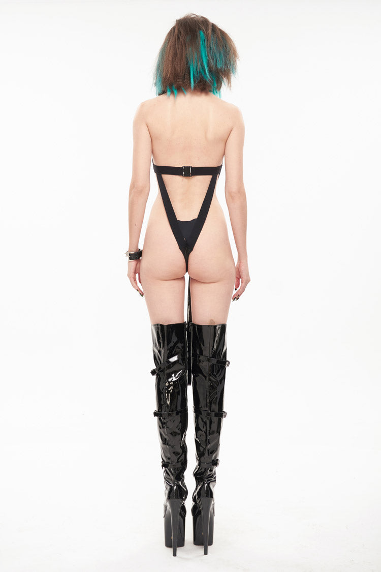 Black Sexy Leather Neck Ring Metal Rivets Fishnet Women's Punk Underwear