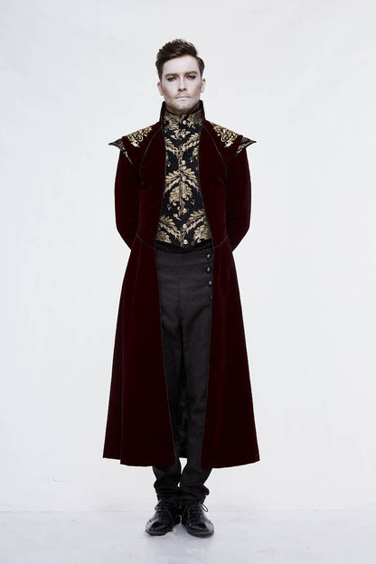 Black/Red Jacquard Gold Faded Buttons Fleece Long Men's Gothic Coat