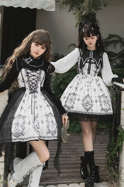 Black/White Long Sleeves Lace Ruffle Butterfly Magic Print Gothic Lolita OP Dress