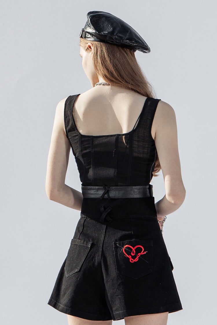 Black Square Collar Belt Rectangle Buckle Women's Punk Vest