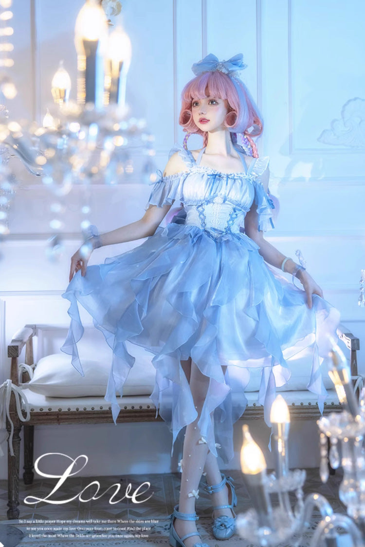 Blue Galaxy Prayer Corset Fishbone Ribbon Sweet Lolita Jsk Dress