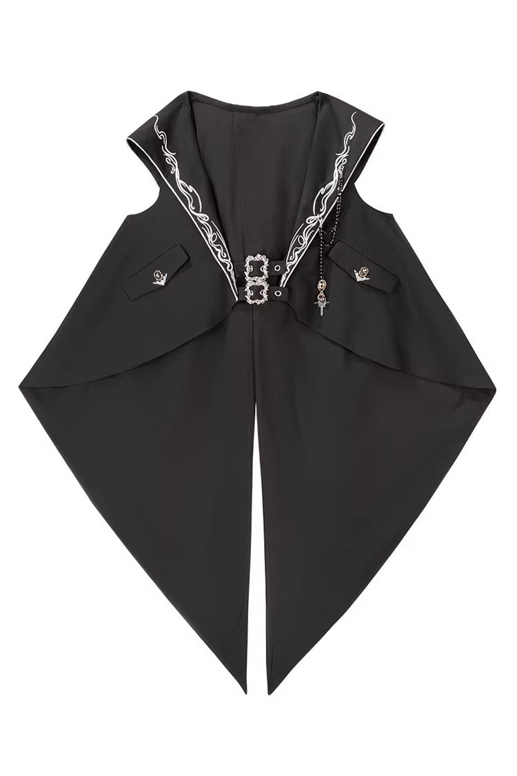 Black [Rabbit-Ear Meteorite] Stand Collar Long Sleeves Ruffled Embroidered Bow Gothic Ouji Lolita Shorts Vest Set
