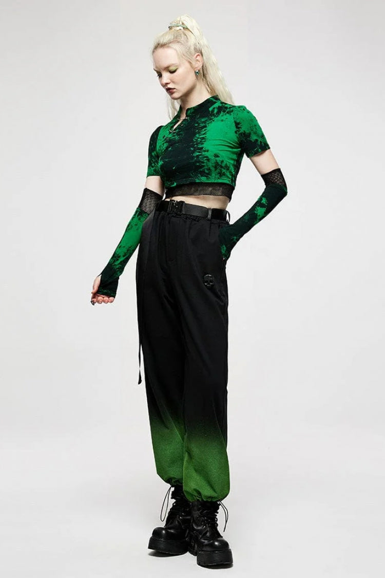 Green Short Sleeves Tie-dyed Metal Chain Women's Steampunk Short T-Shirt