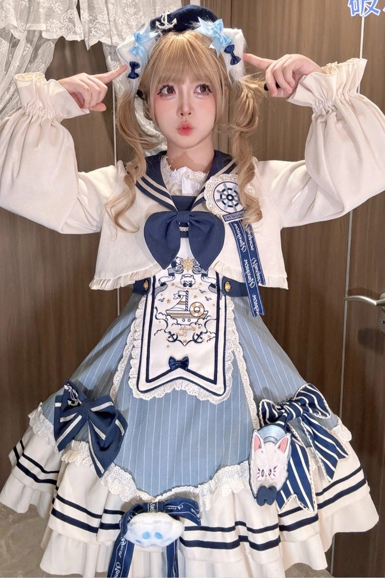 Blue/Ivory [Ride the Wind and Waves] Double-Layered Printed Ruffled Bow Lace Sweet Lolita Jsk Dress Set (Coat Included)