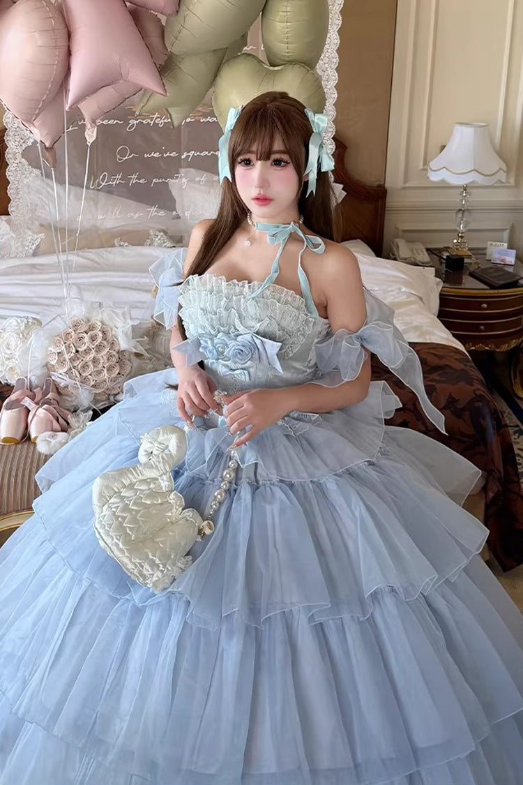 Blue [Mousse Love Song] Sleeveless Multi-Layered Ruffled Hanayome Bow Sweet Lolita Dress